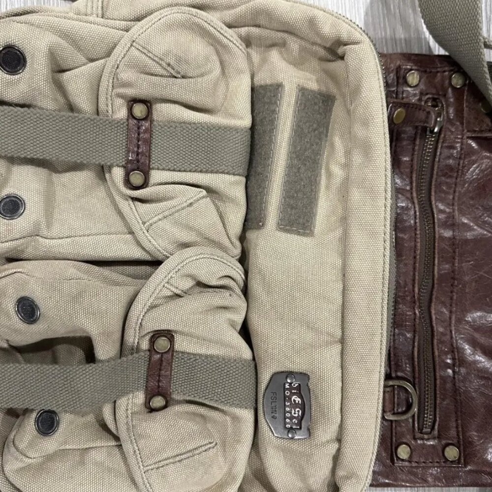 Y2K Diesel Cyber Techwear Leather&Canvas Bag Khaki Multipocket Utility Cargo Bag - Picture 4 of 5
